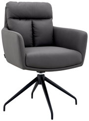 Grauer Armlehnstuhl mit gepolsterter Sitzfläche und Rückenlehne, auf schwarzem Drehgestell, seitliche Perspektive