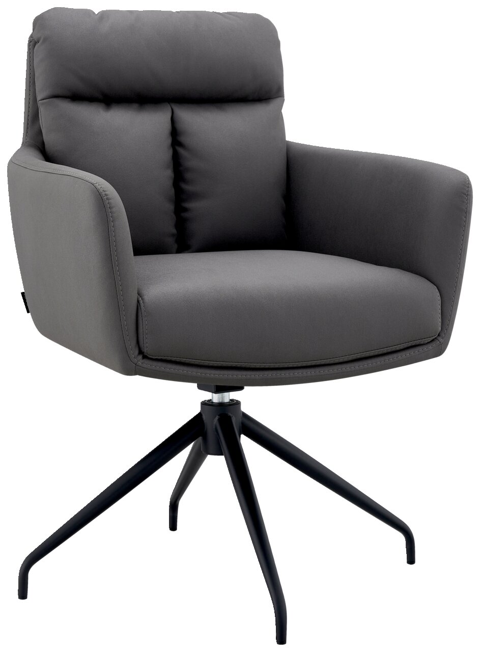 Grauer Armlehnstuhl mit gepolsterter Sitzfläche und Rückenlehne, auf schwarzem Drehgestell, seitliche Perspektive