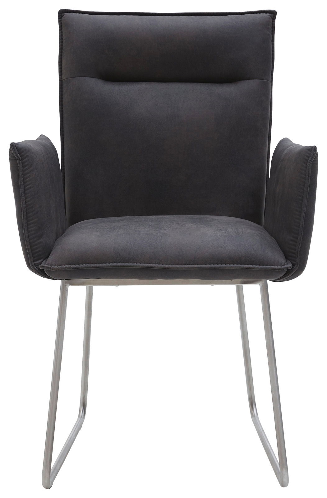 Vorderansicht eines modernen Sessels mit dunklem Stoffbezug und Metallbeinen.