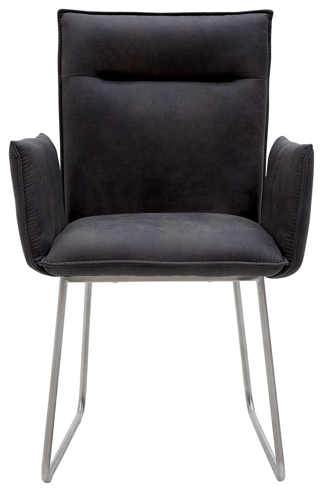 Vorderansicht eines modernen Sessels mit dunklem Stoffbezug und Metallbeinen.