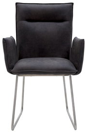 Vorderansicht eines modernen Sessels mit dunklem Stoffbezug und Metallbeinen.