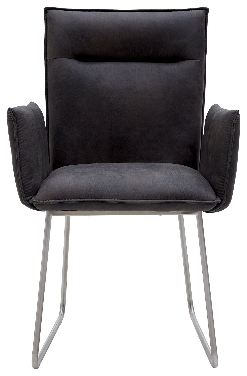 Vorderansicht eines modernen Sessels mit dunklem Stoffbezug und Metallbeinen.