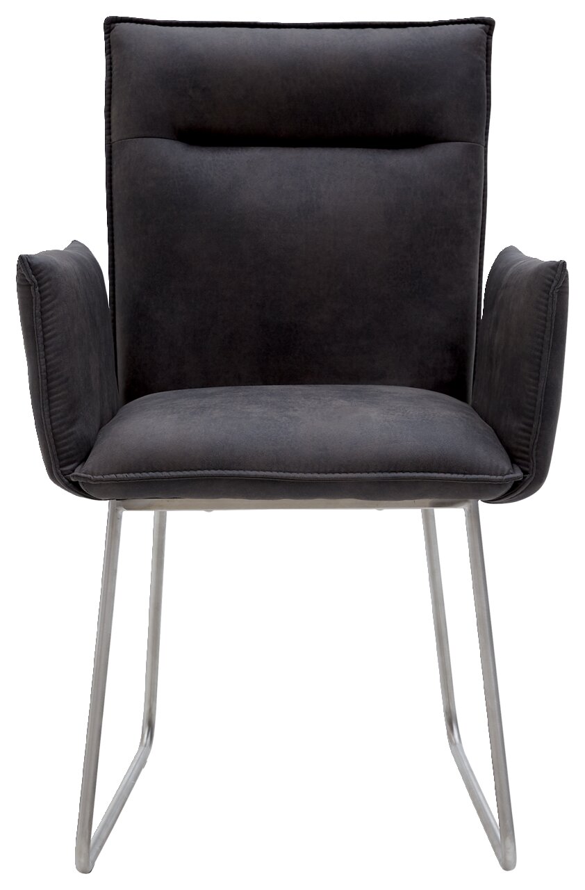 Vorderansicht eines modernen Sessels mit dunklem Stoffbezug und Metallbeinen.