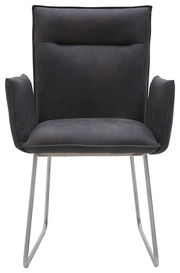 Vorderansicht eines modernen Sessels mit dunklem Stoffbezug und Metallbeinen.