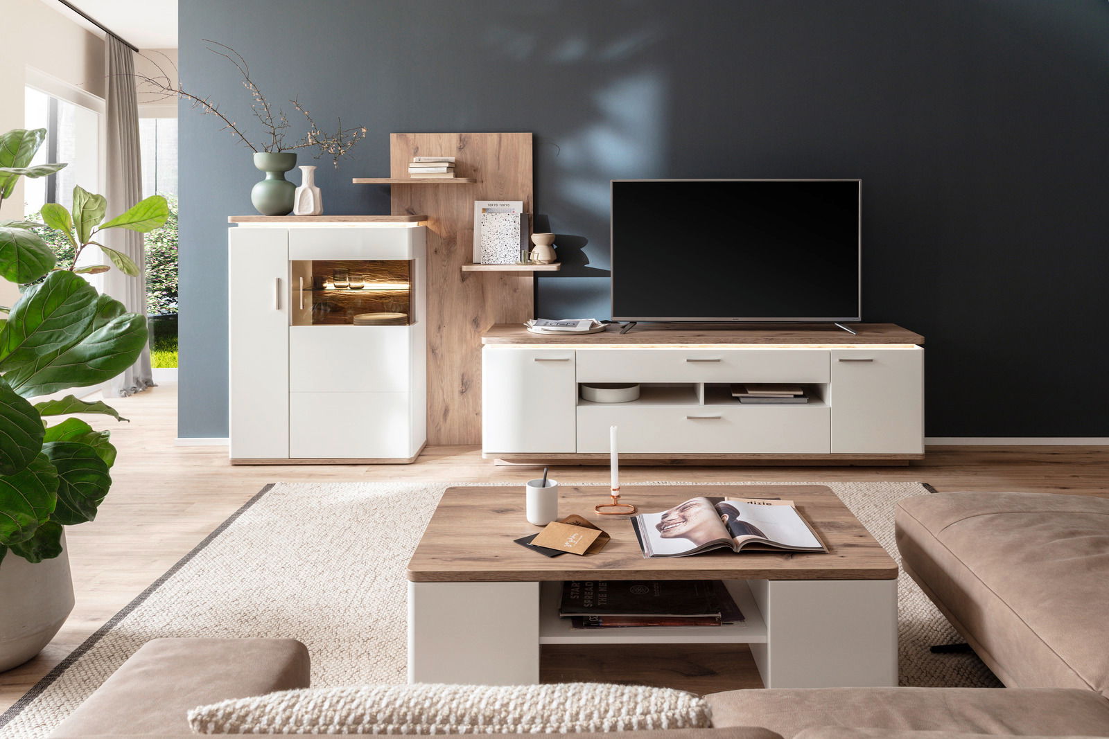 Moderne Wohnzimmer-Wandkombination in hellem Holz und Weiß, bestehend aus TV-Schrank, Vitrine und Regalen, aus der Perspektive eines gemütlichen Wohnzimmers mit Pflanzen und Dekoration.