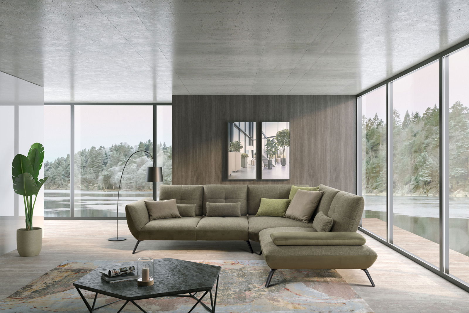 Moderne Rundecke in einem eleganten Wohnzimmer mit Panoramafenstern und Blick auf die Natur, seitliche Perspektive.