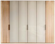 Sechs-türiger Drehtürenschrank in Frontansicht mit Holz- und Glaselementen.