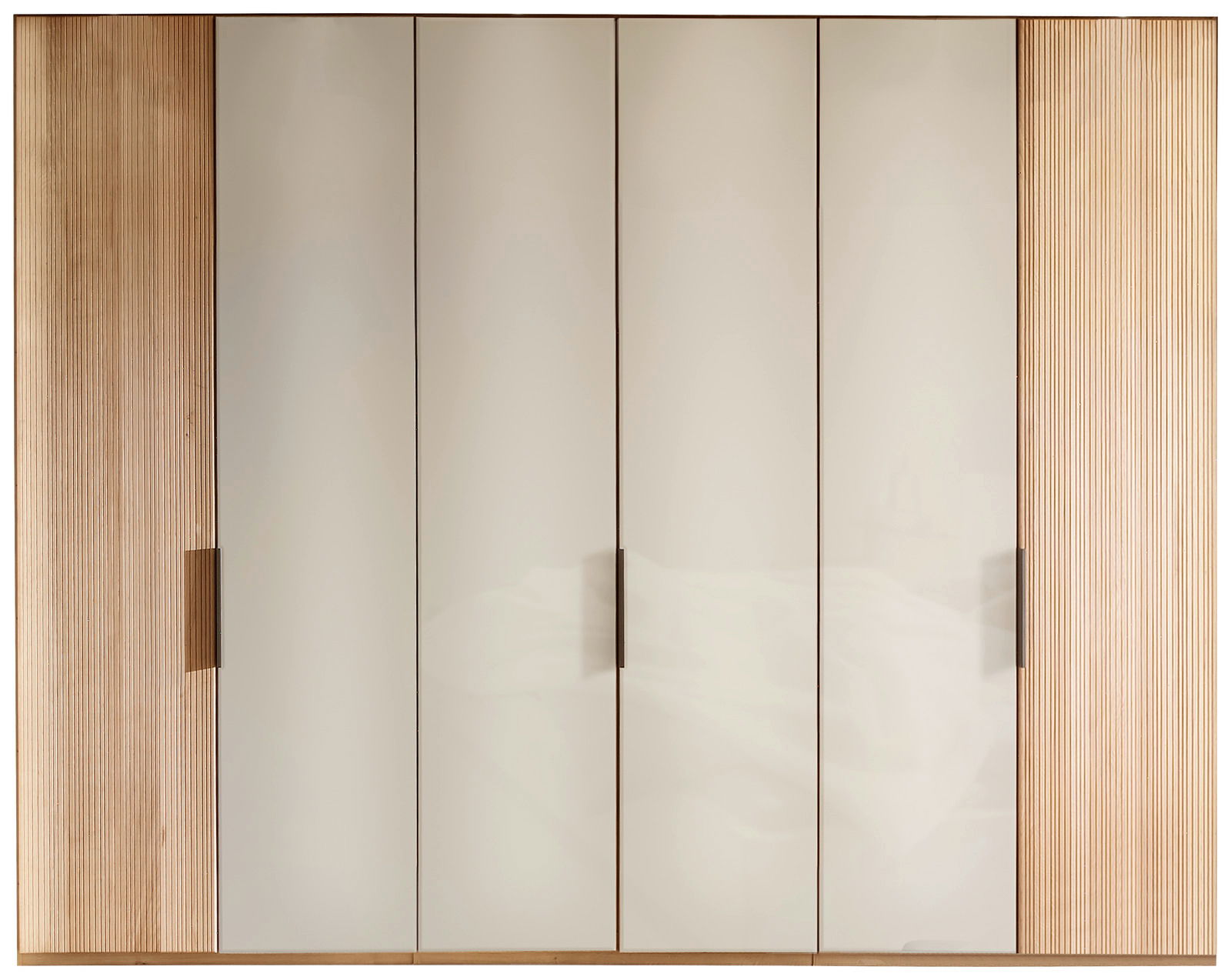 Sechs-türiger Drehtürenschrank in Frontansicht mit Holz- und Glaselementen.