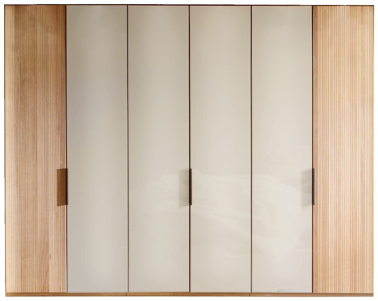 Sechs-türiger Drehtürenschrank in Frontansicht mit Holz- und Glaselementen.