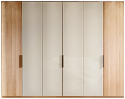 Sechs-türiger Drehtürenschrank in Frontansicht mit Holz- und Glaselementen.