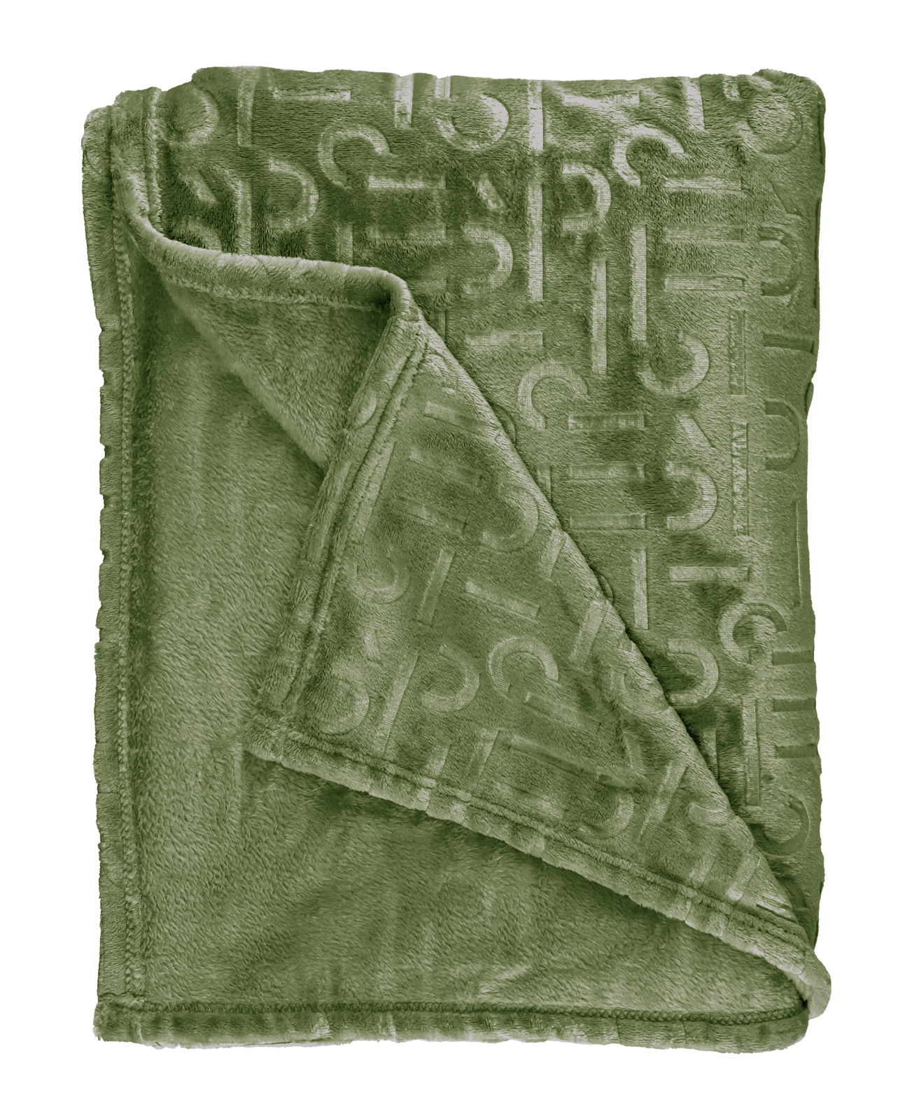 Grüne Plaid-Decke mit eingeprägtem Muster, ausgebreitet und teilweise gefaltet, Draufsicht