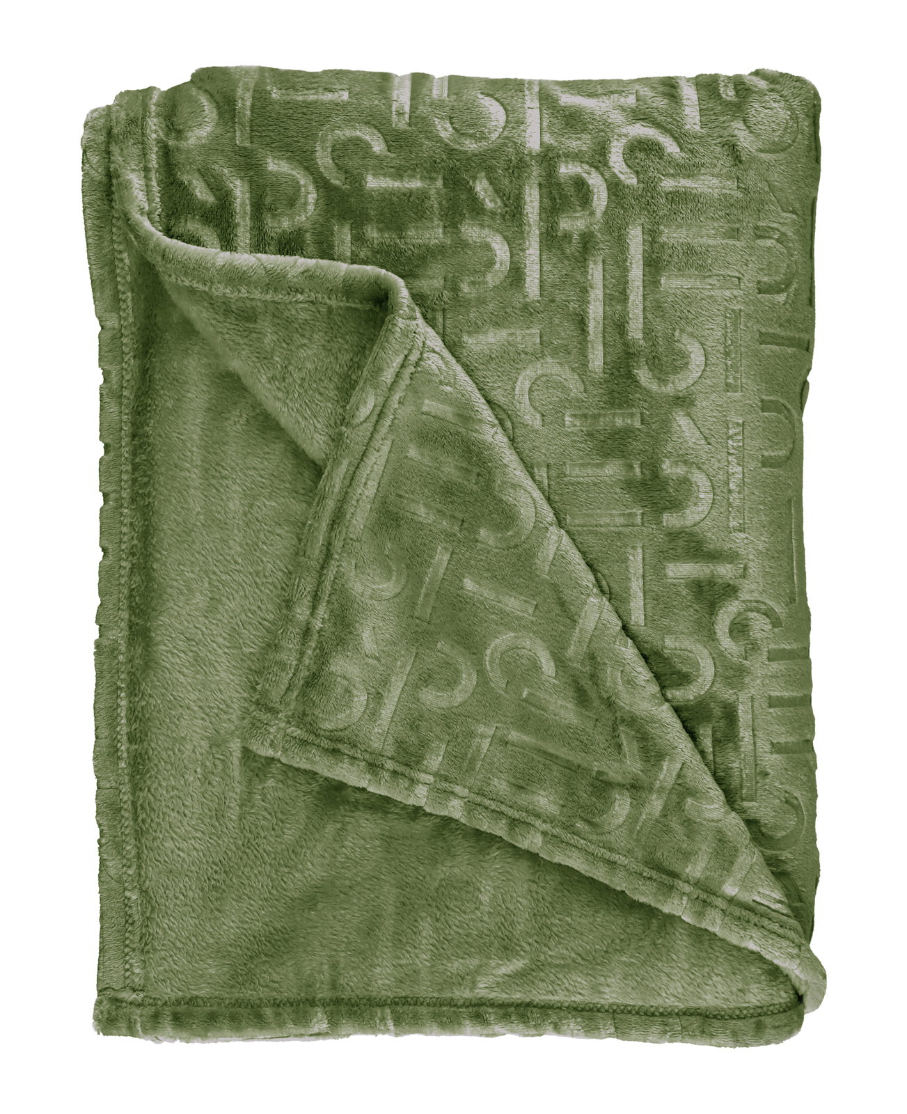 Grüne Plaid-Decke mit eingeprägtem Muster, ausgebreitet und teilweise gefaltet, Draufsicht