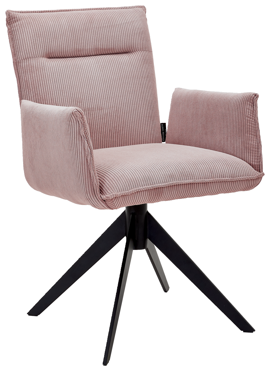Johann Jakob Armlehnstuhl CALAS Rosa Armlehnstuhl mit geripptem Stoffbezug und schwarzem Metallgestell, seitliche Perspektive