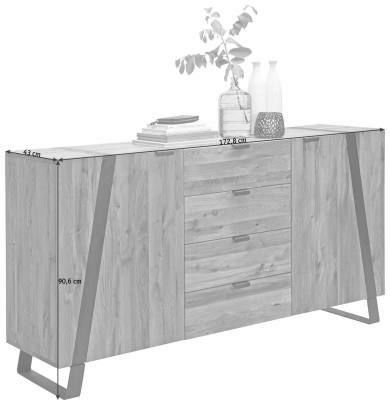 Holz-Sideboard mit drei Schubladen und zwei Türen, dekoriert mit Vasen und Büchern, seitliche Perspektive