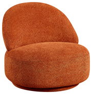Moderner, orangefarbener Sessel mit runder Form und weicher Polsterung, seitliche Perspektive