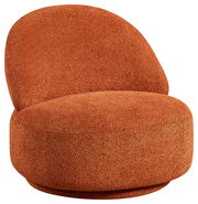 Moderner, orangefarbener Sessel mit runder Form und weicher Polsterung, seitliche Perspektive