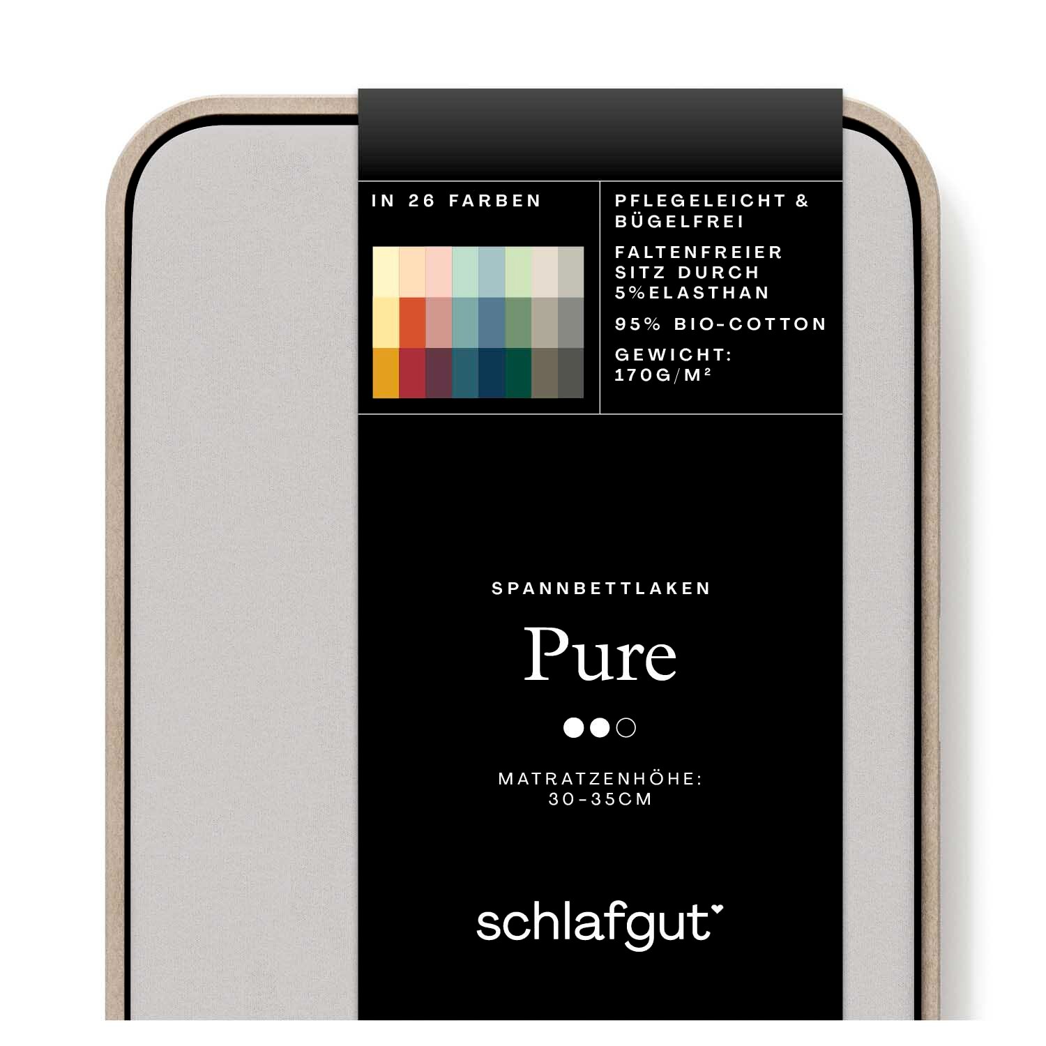 Verpackung eines Spannbettlakens der Marke schlafgut, Modell Pure, geeignet für Matratzenhöhe 30-35 cm, in 26 Farben erhältlich, pflegeleicht und bügelfrei, aus 95% Bio-Baumwolle und 5% Elasthan, Gewicht 170g/m², Vorderansicht