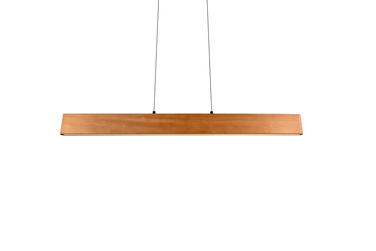 Moderne Pendelleuchte aus Holz in rechteckiger Form, frontal betrachtet.