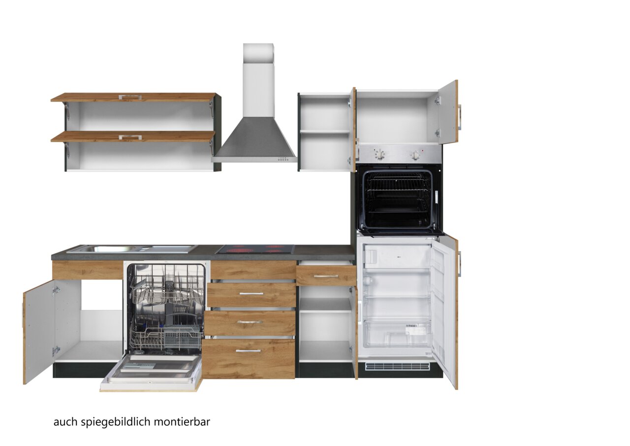 Küchenzeile mit Holzoptik, bestehend aus Hängeschränken, Dunstabzugshaube, Herd, Spüle, Geschirrspüler und Kühlschrank. Frontale Ansicht.