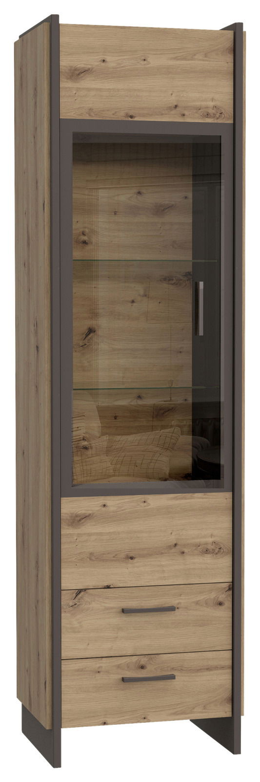 Vitrine aus Holz mit Glastür und zwei Schubladen, Perspektive von vorne
