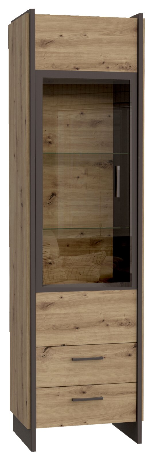 Hom´in Vitrine FLASH Vitrine aus Holz mit Glastür und zwei Schubladen, Perspektive von vorne