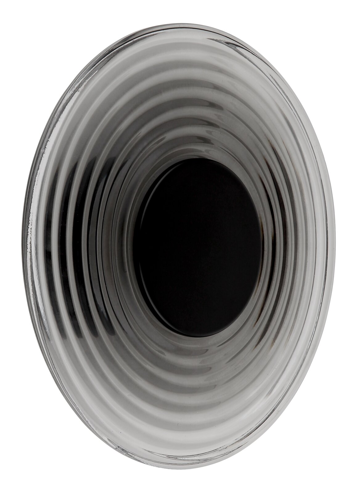 Runde Schale aus geriffeltem, rauchgrauem Glas mit schwarzem Innenbereich, Draufsicht von oben