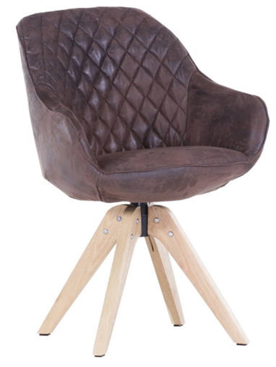 Brauner Stuhl mit gesteppter Rückenlehne und Holzbeinen, seitliche Perspektive