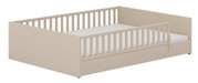 Bodenbett in Beige mit Gitterstäben, seitliche Perspektive