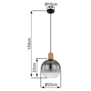 Hängeleuchte mit kugelförmigem, rauchgrauem Glasschirm und Holzelement, seitliche Perspektive, Maße: 120cm Höhe, 25cm Durchmesser.