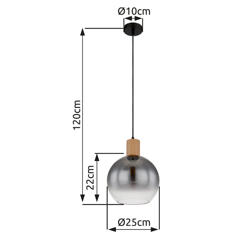 Hängeleuchte mit kugelförmigem, rauchgrauem Glasschirm und Holzelement, seitliche Perspektive, Maße: 120cm Höhe, 25cm Durchmesser.