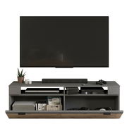 Frontale Ansicht eines modernen Lowboards mit offenem Fach, dekoriert mit Pflanzen und Elektronikgeräten, darunter ein großer Fernseher.