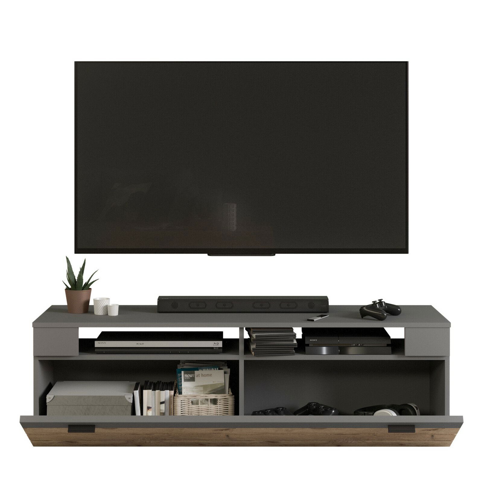 Frontale Ansicht eines modernen Lowboards mit offenem Fach, dekoriert mit Pflanzen und Elektronikgeräten, darunter ein großer Fernseher.