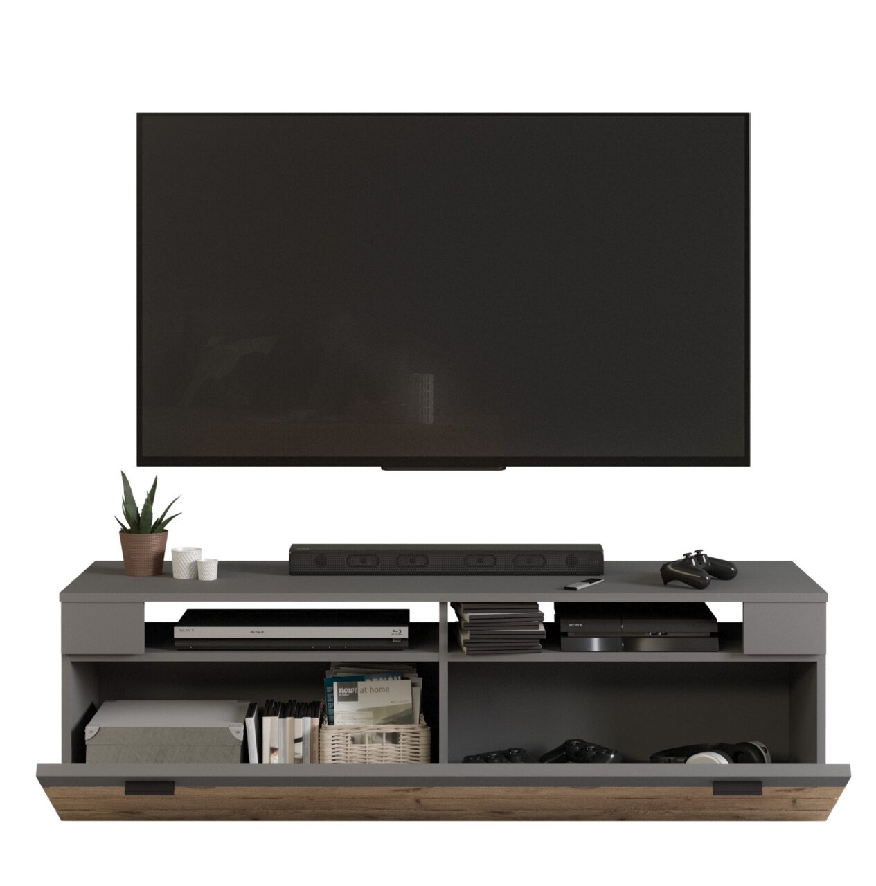 Frontale Ansicht eines modernen Lowboards mit offenem Fach, dekoriert mit Pflanzen und Elektronikgeräten, darunter ein großer Fernseher.