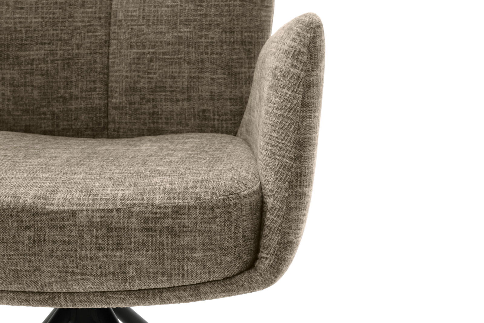 Nahaufnahme eines grauen Sessels mit Stoffbezug, seitliche Perspektive