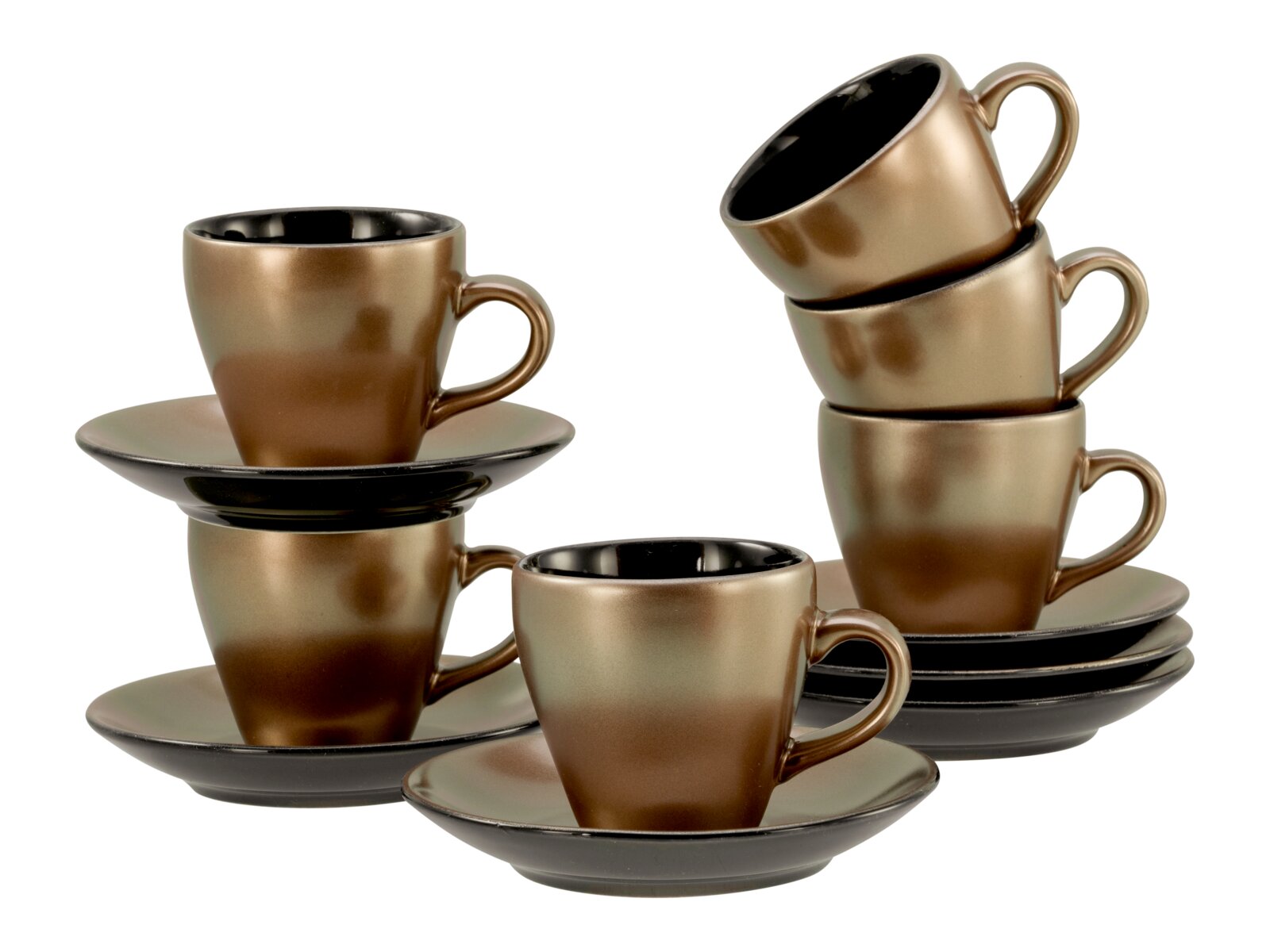 Creatable Espressoset 12-tlg GOLDEN DAYS Set aus sechs Espresso-/Kaffeetassen mit passenden Untertassen in Bronze-Gold mit schwarzer Innenseite, schräg von vorn fotografiert, teils gestapelt vor weißem Hintergrund