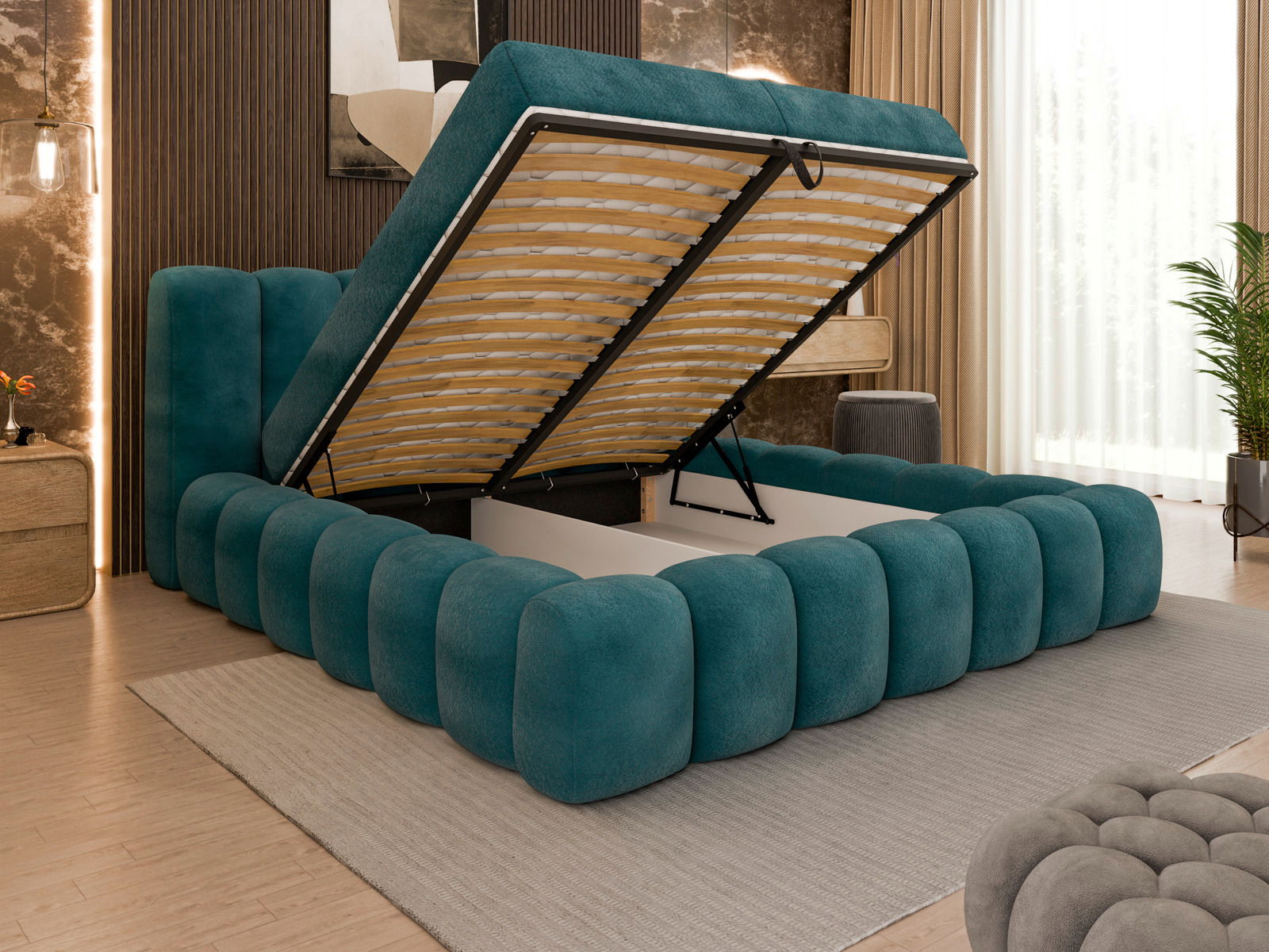 Seitliche Perspektive auf ein modernes Polsterbett in Türkis mit hochgeklappter Matratze und Stauraum darunter.