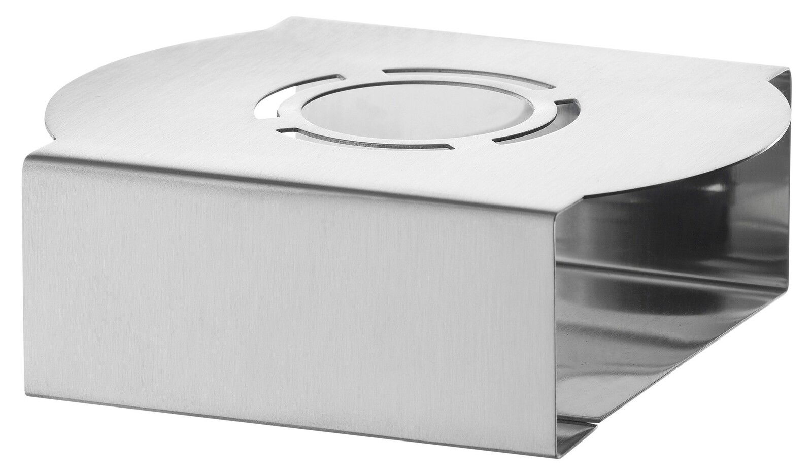 Stövchen aus Edelstahl in seitlicher Perspektive, mit modernem Design und runder Öffnung oben.