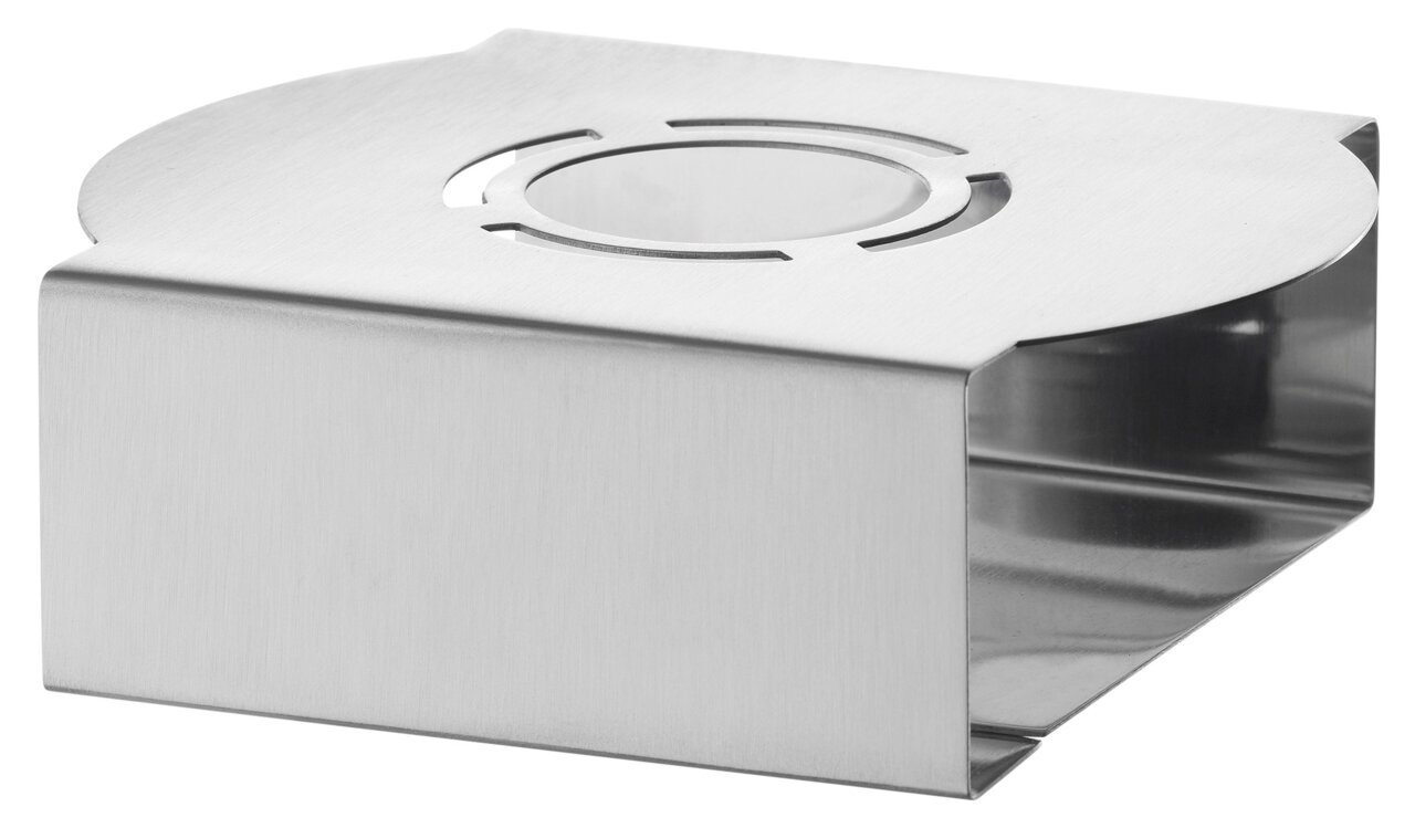 Stövchen aus Edelstahl in seitlicher Perspektive, mit modernem Design und runder Öffnung oben.