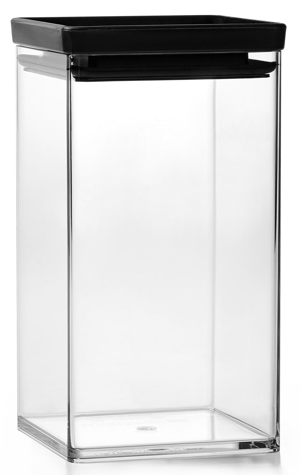 Transparente Vorratsdose mit schwarzem Deckel, seitliche Perspektive