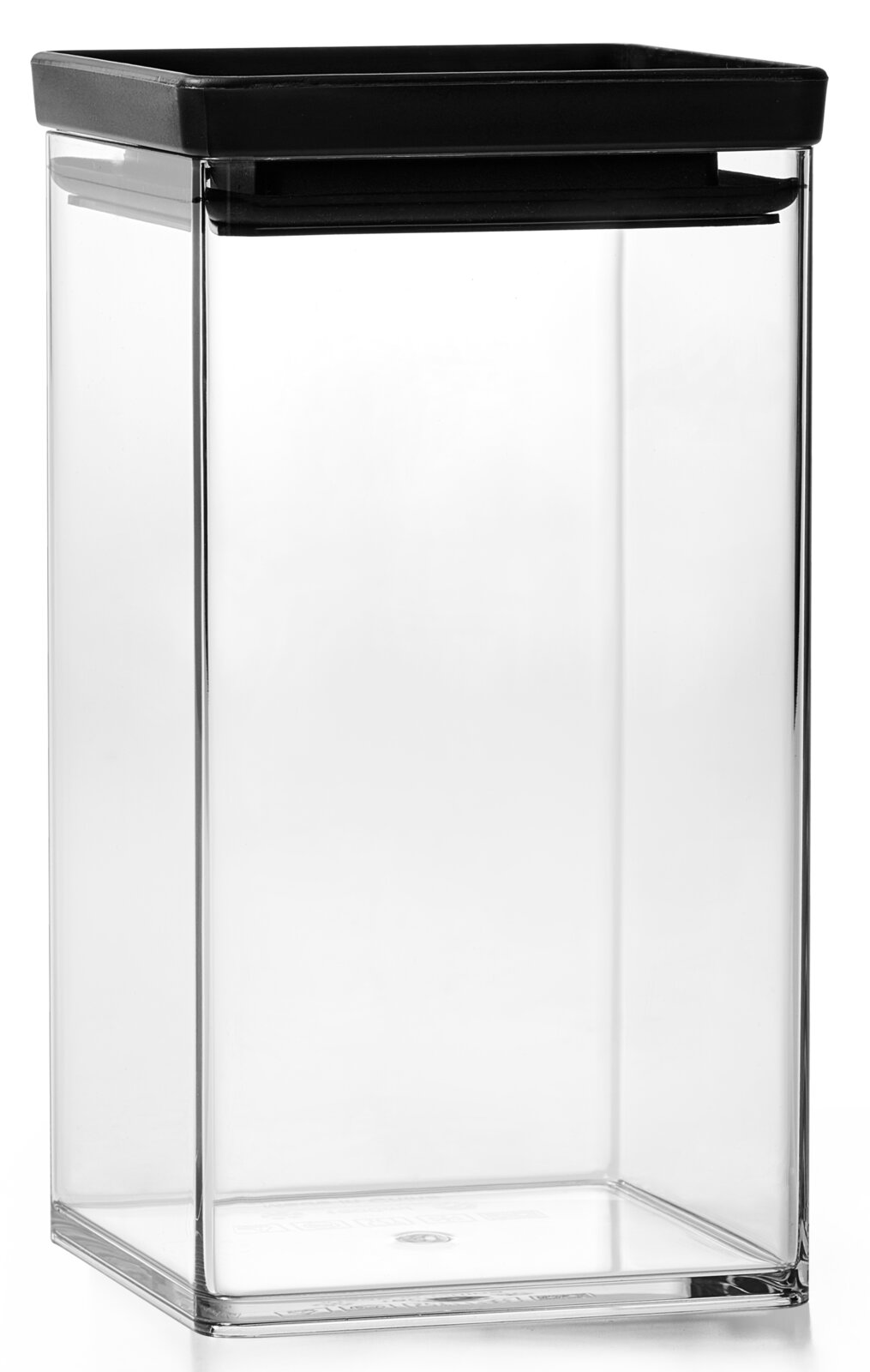 Transparente Vorratsdose mit schwarzem Deckel, seitliche Perspektive