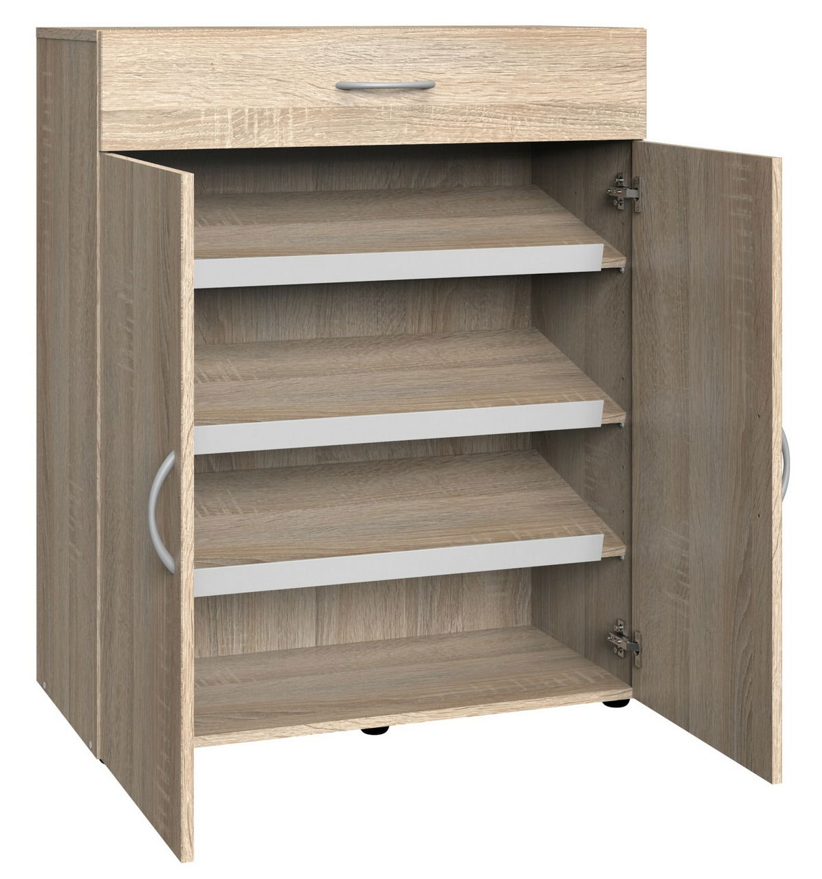 Schuhschrank aus Holz mit geöffneter Tür, zeigt mehrere Regalböden und eine Schublade, Perspektive von vorne.