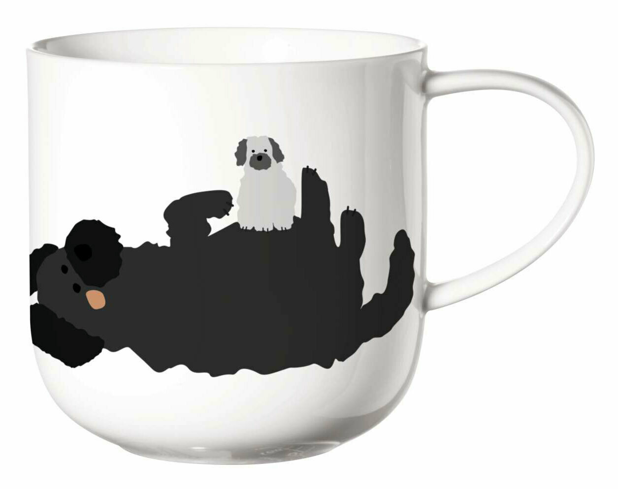 Henkelbecher mit Fluffy Dogs Motiv, Vorderansicht mit einem großen schwarzen und einem kleinen weißen Hund.