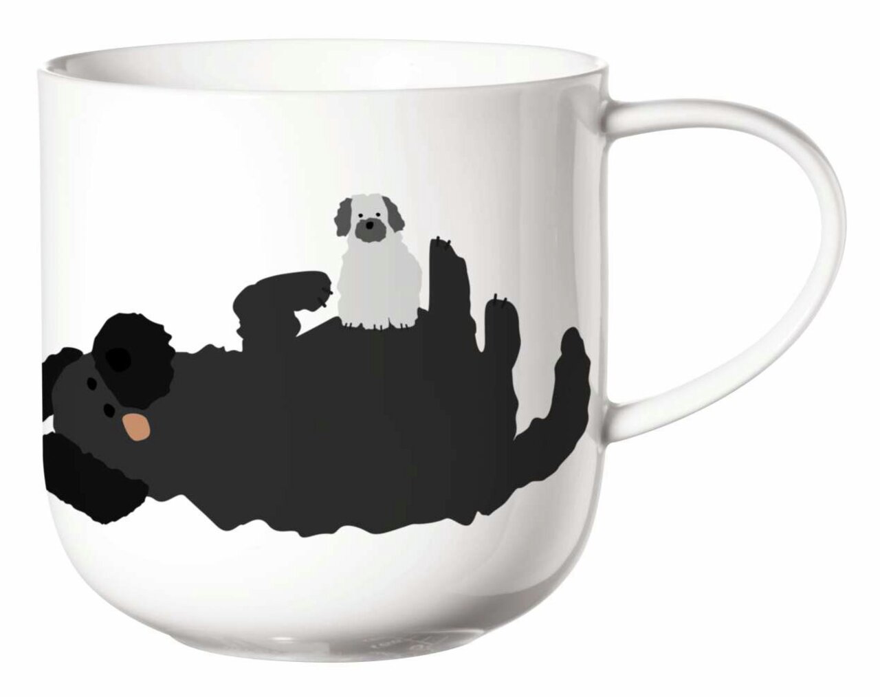 ASA SELECTION Henkelbecher Fluffy Dogs Henkelbecher mit Fluffy Dogs Motiv, Vorderansicht mit einem großen schwarzen und einem kleinen weißen Hund.