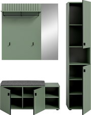 Grünes Garderoben-Set mit Wandpaneel samt Kleiderstange und Haken, Sitzbank mit grauem Polster und Stauraum sowie hohem Schrank mit offenen Fächern und geriffelter Tür, gezeigt in Frontansicht und seitlicher Perspektive