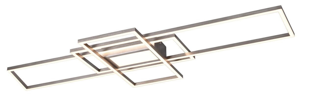 Novel LED-Deckenleuchte Moderne LED-Deckenleuchte mit überlappenden rechteckigen Lichtrahmen in gebürsteter Metalloptik, warmweiß leuchtend, perspektivische Ansicht von schräg unten (3/4-Ansicht)