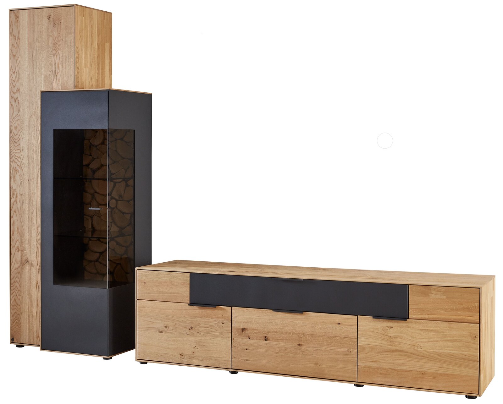 Wöstmann Markenmöbel Wandkombination WM 2140 Moderne Wandkombination aus Holz und schwarzem Material, bestehend aus einem hohen Schrank mit Glastür und einem niedrigen Sideboard, seitliche Perspektive.