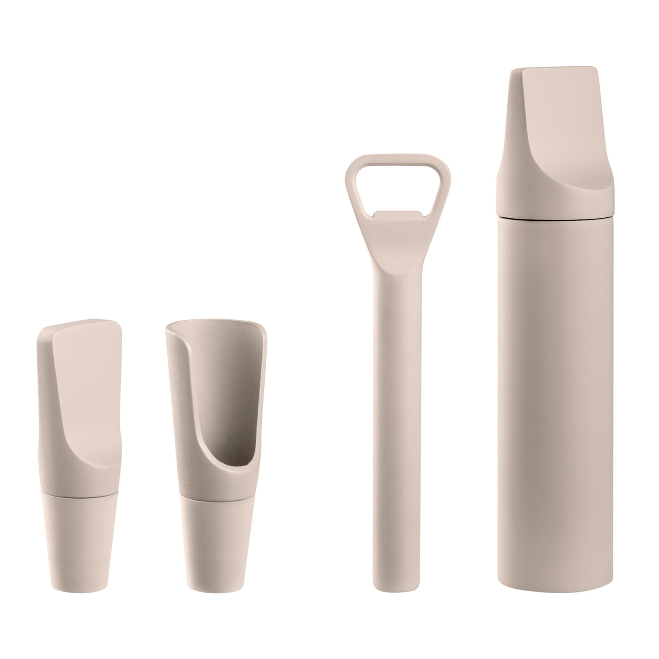 4-teiliges Set von Weinaccessoires in neutralem Beige, bestehend aus einem Flaschenverschluss, einem Ausgießer, einem Korkenzieher und einem Weinflaschenöffner, frontal abgebildet.
