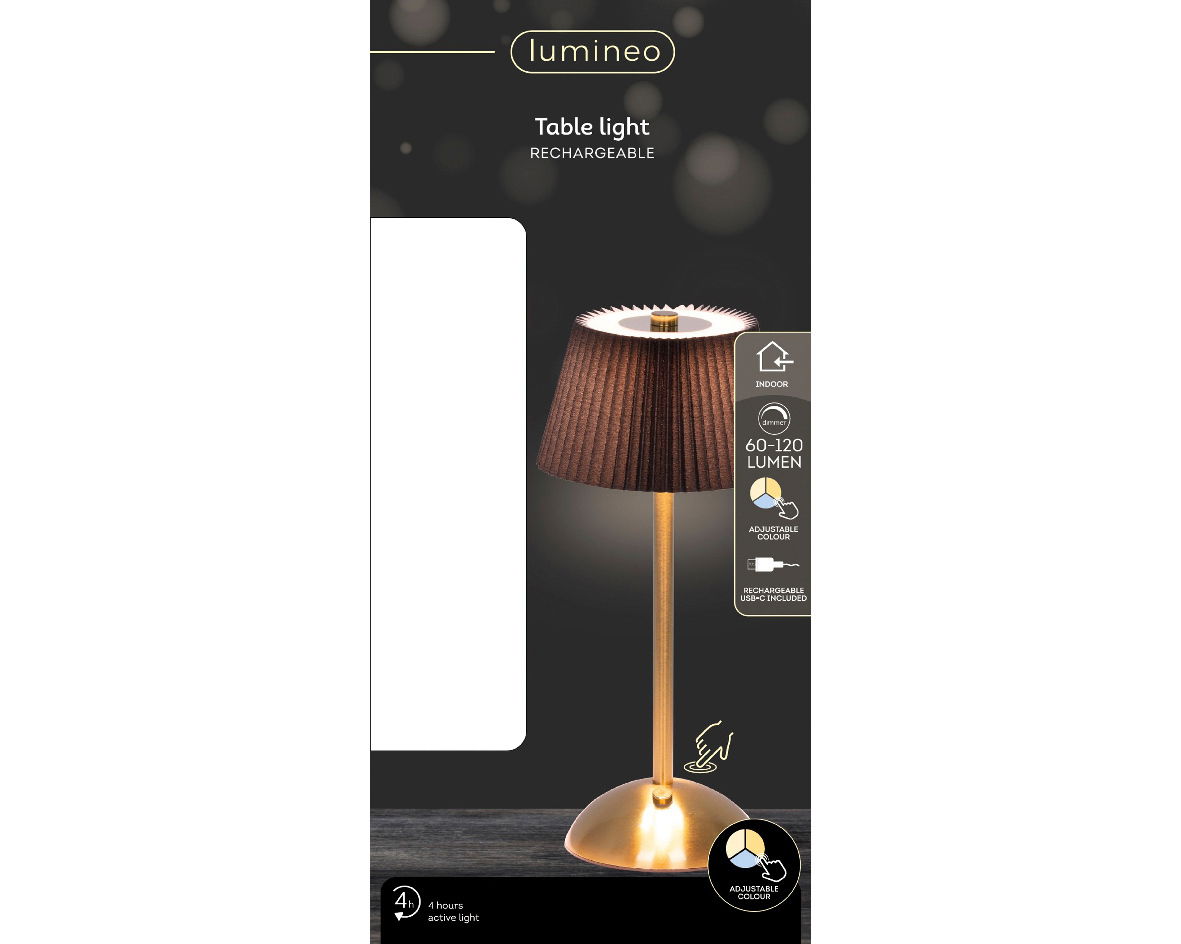 LED wiederaufladbare Tischlampe mit braunem Schirm und goldenem Standfuß, frontal abgebildet. Einstellbare Lichtfarbe und USB-Ladekabel inklusive.