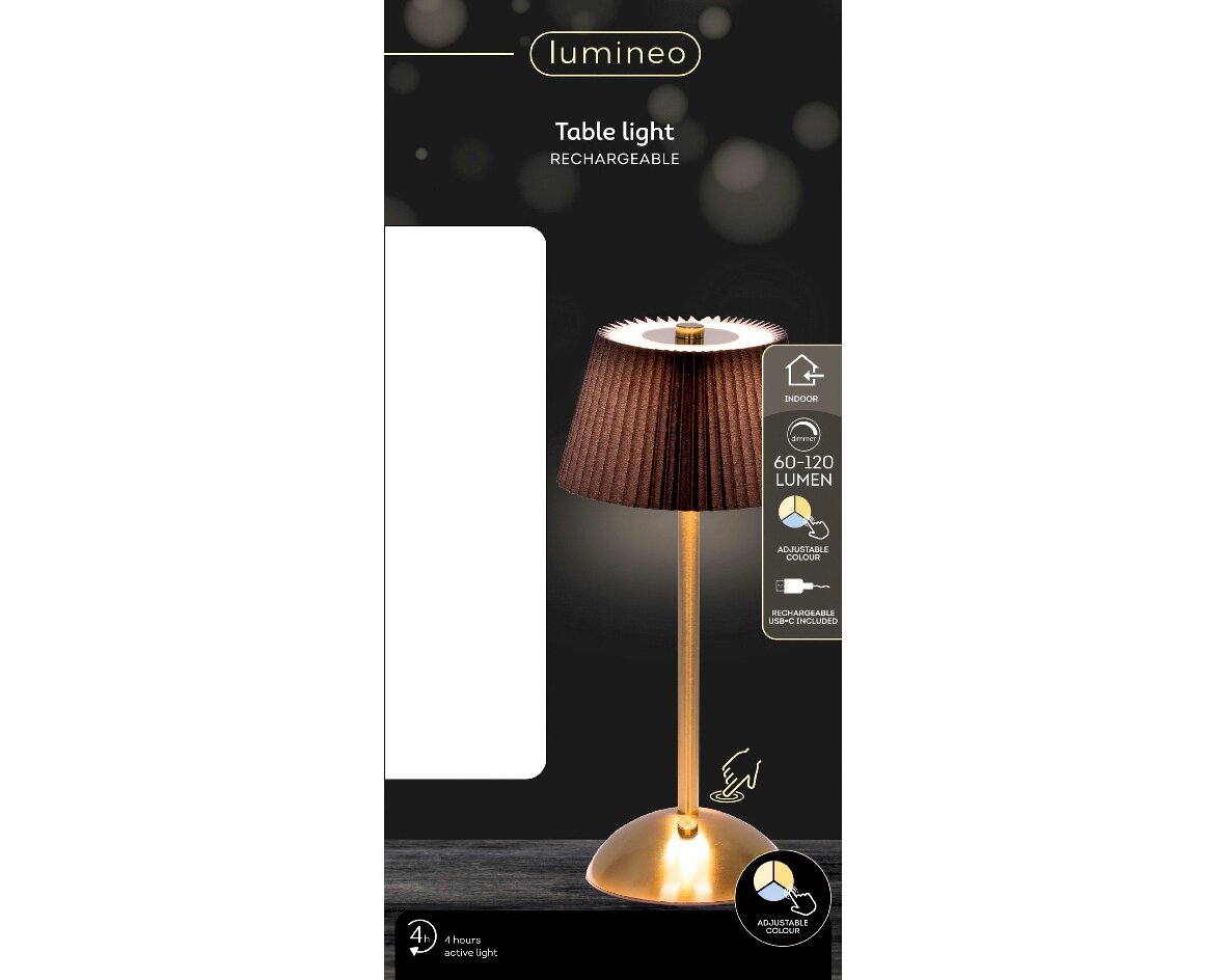 LED wiederaufladbare Tischlampe mit braunem Schirm und goldenem Standfuß, frontal abgebildet. Einstellbare Lichtfarbe und USB-Ladekabel inklusive.