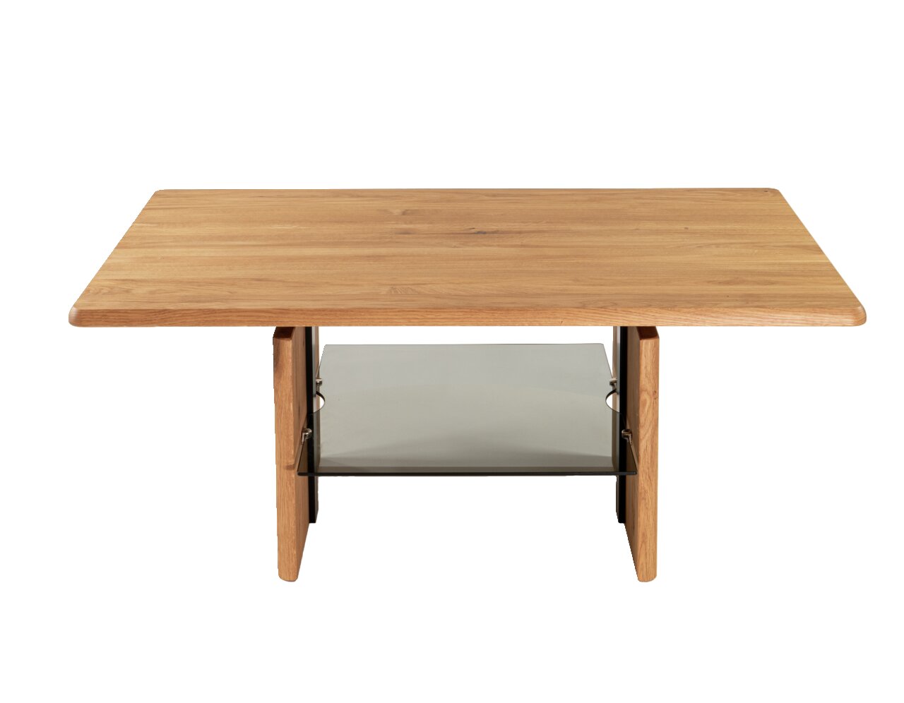Moderner Couchtisch aus Holz mit Glasablage, Frontalansicht